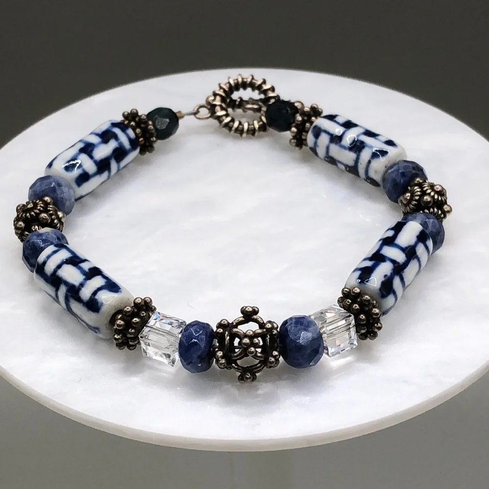 Vintage artisan handmade ceramic bead sterling silver bracelet boho free spirit